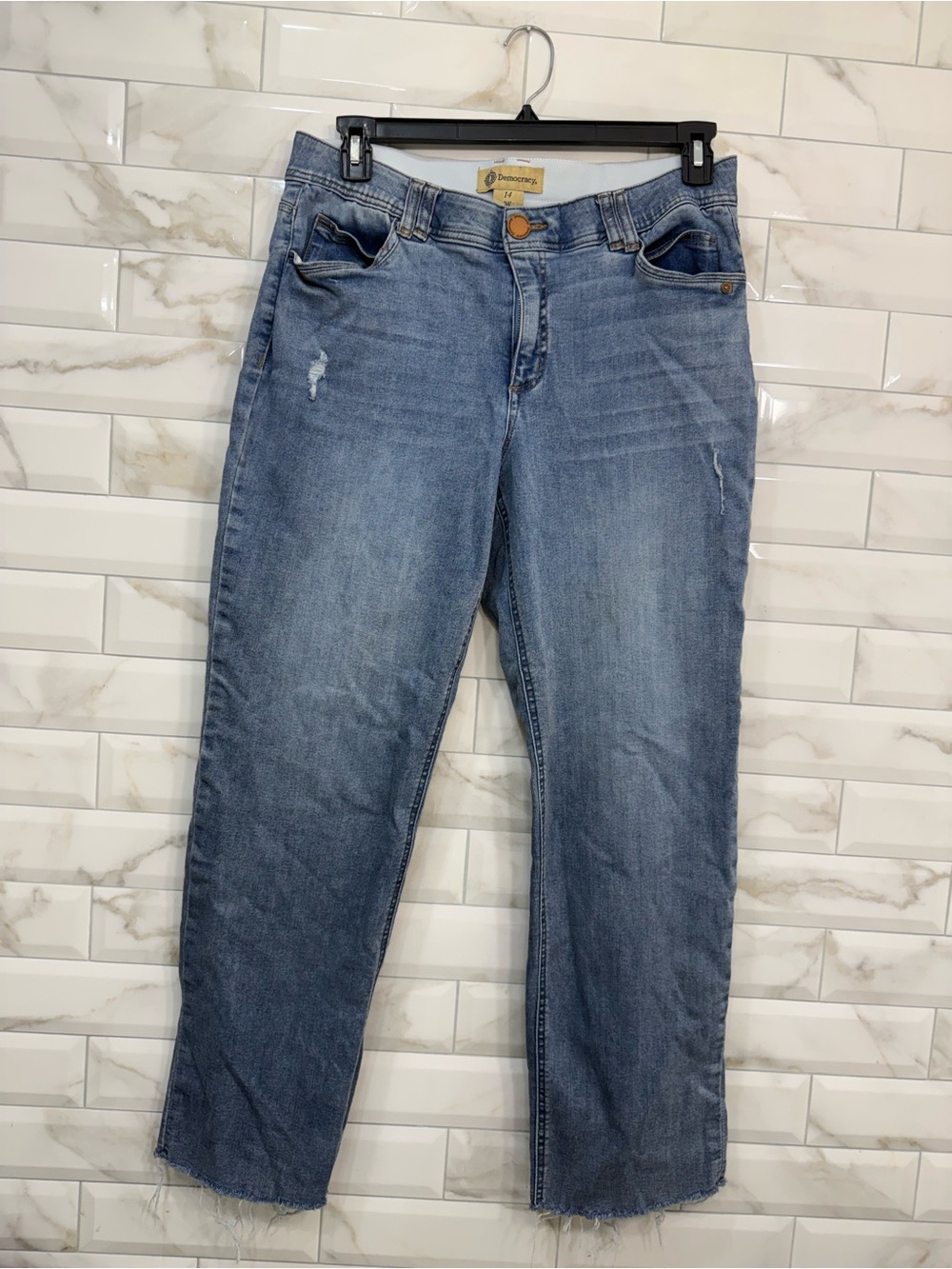Democracy Women’s Light Blue Boyfriend Jeans with Subtle Distress